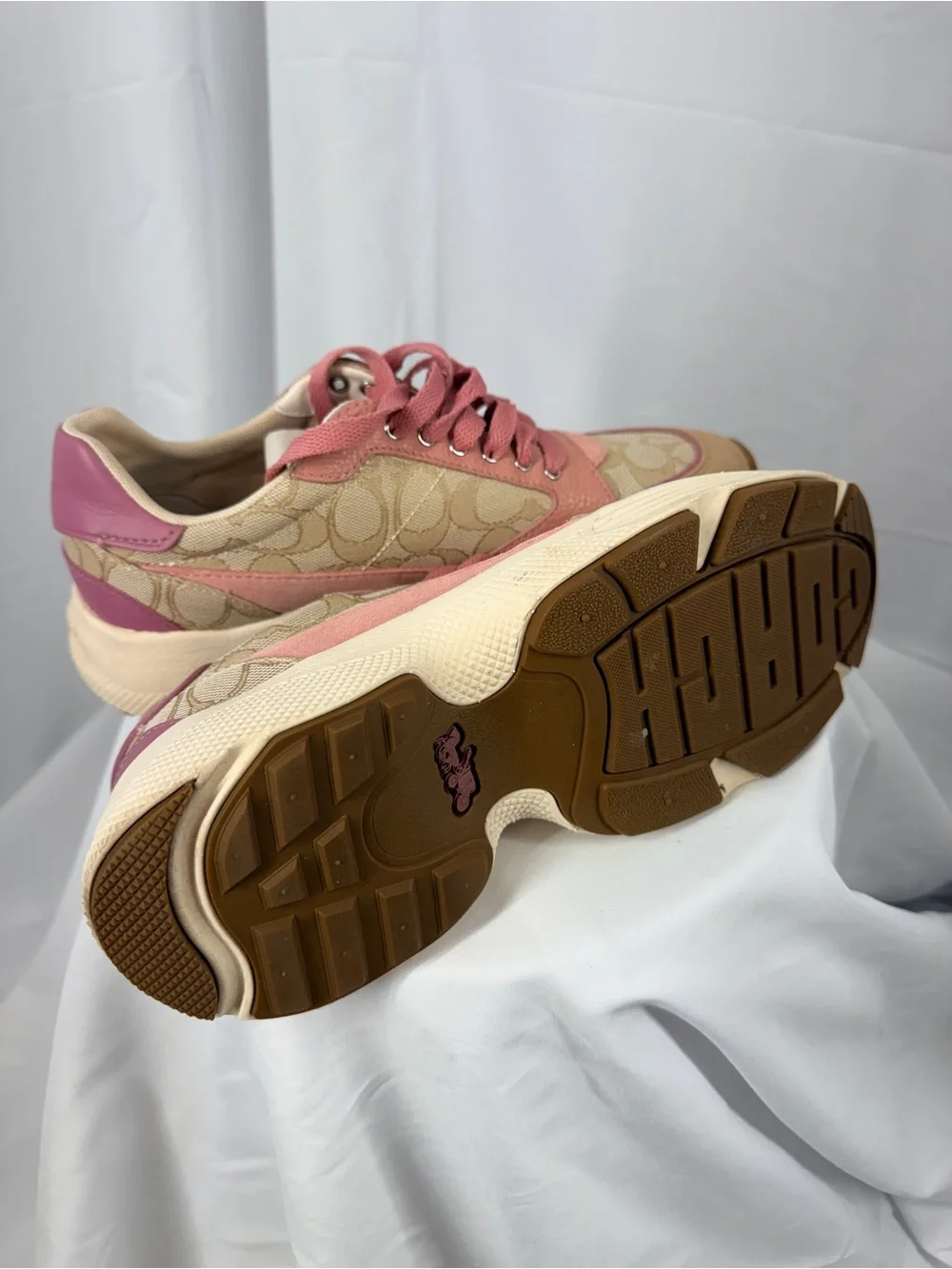Coach Pink & Tan Women's Signature Lace-Up Sneakers